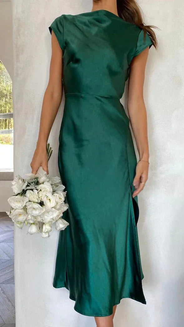 Elegant Solid Color Satin Slim Backless Slit Dress for Women
