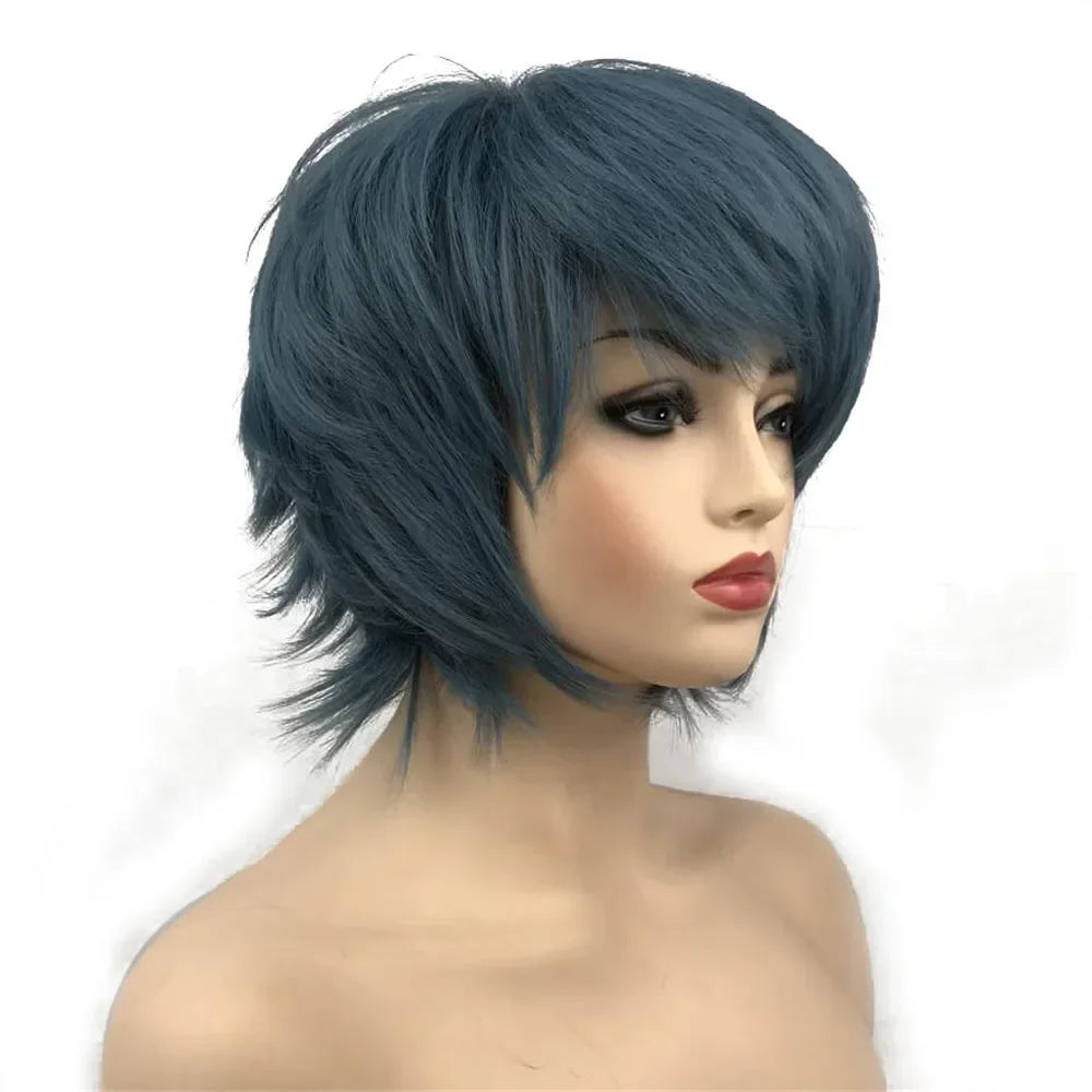 Straight Blue And Red Synthetic Cosplay Wig For Women