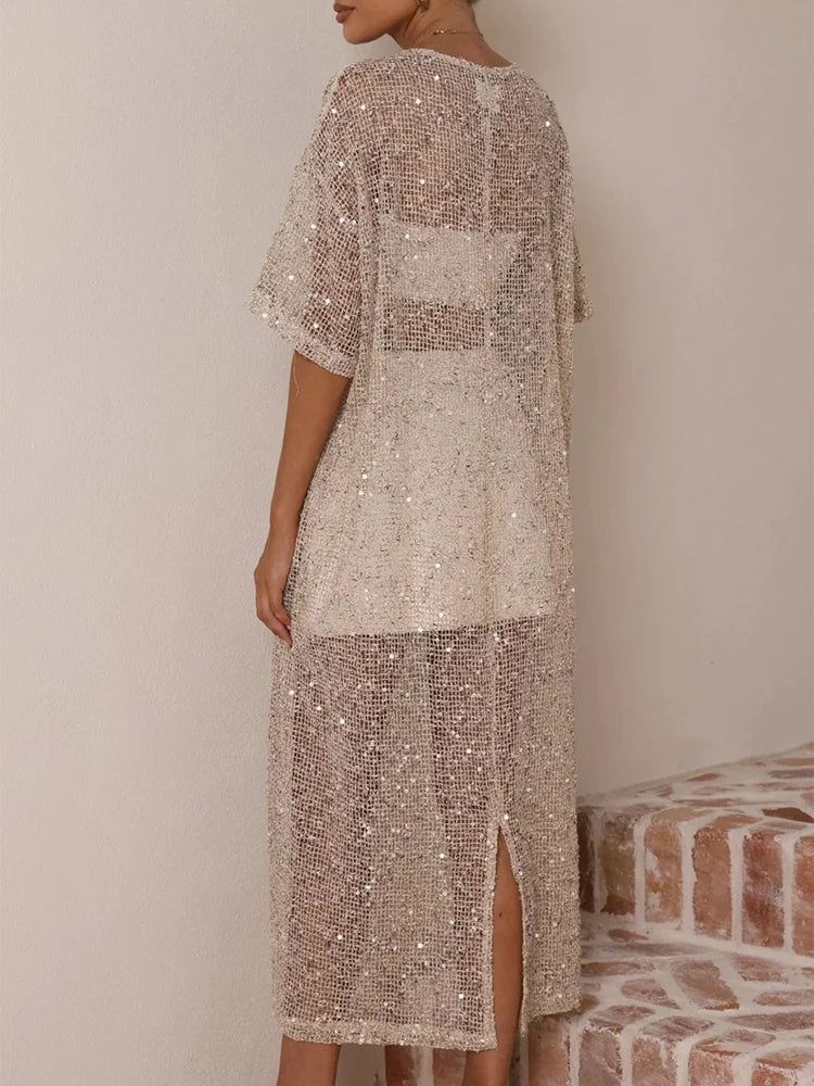 Casual Loose Hollowed Out Sequin Maxi Dress for Women