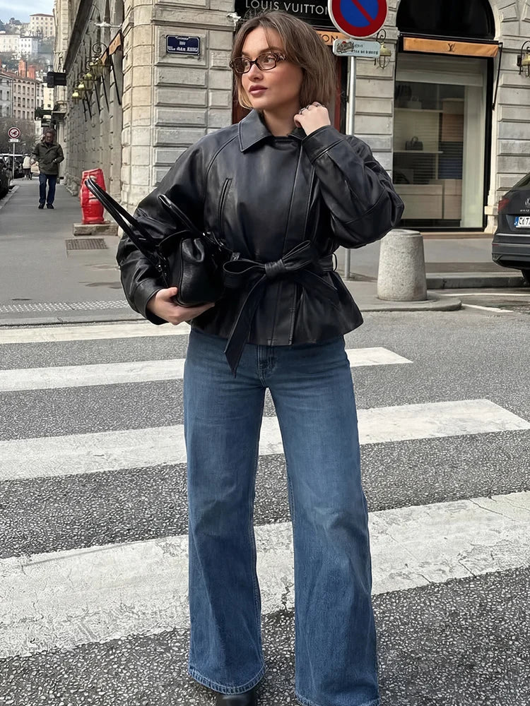 Vintage Black Belted Faux Leather Jacket for Women