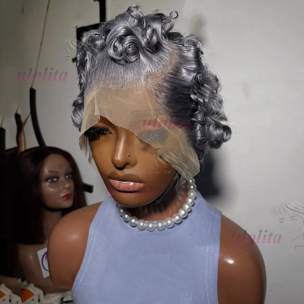 Glueless Salt And Pepper Curly Human Hair Pixie Wig for Women