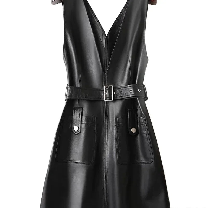 Elegant Sleeveless V Neck Leather Mini Dress With Belt For Women