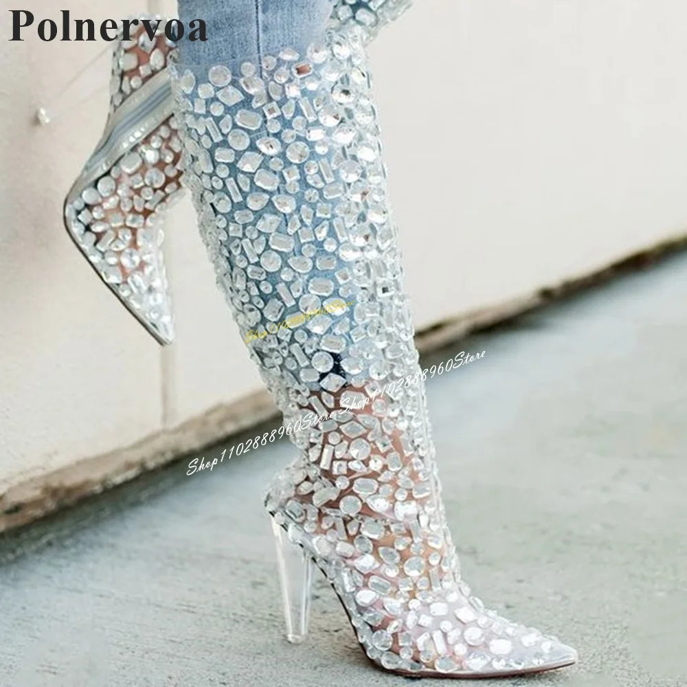 Knee High Transparent Heel PVC Crystal Boots High Heel Shoes For Women Side Zipper Pointed Toe 2024 Fashion Zapatos Para Mujere