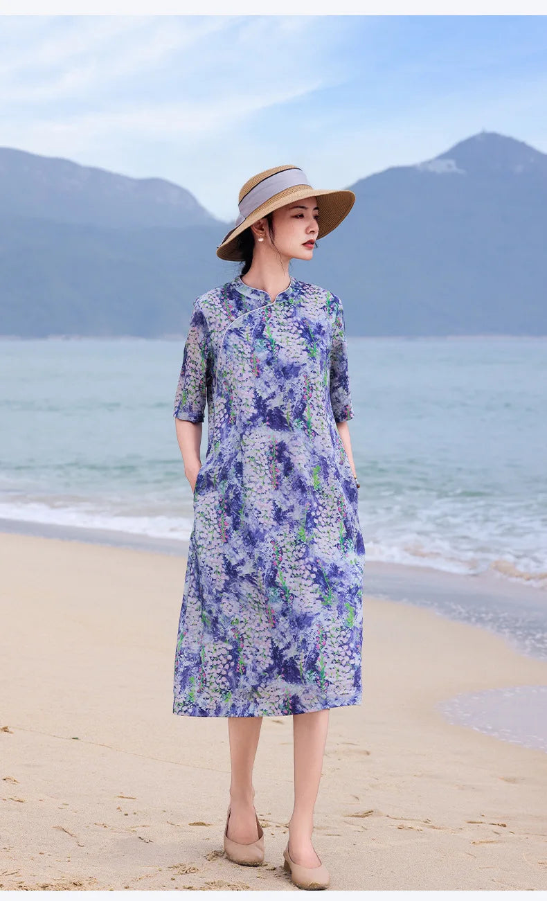 Casual Mandarin Collar Vintage Print Ramie Dress for Women
