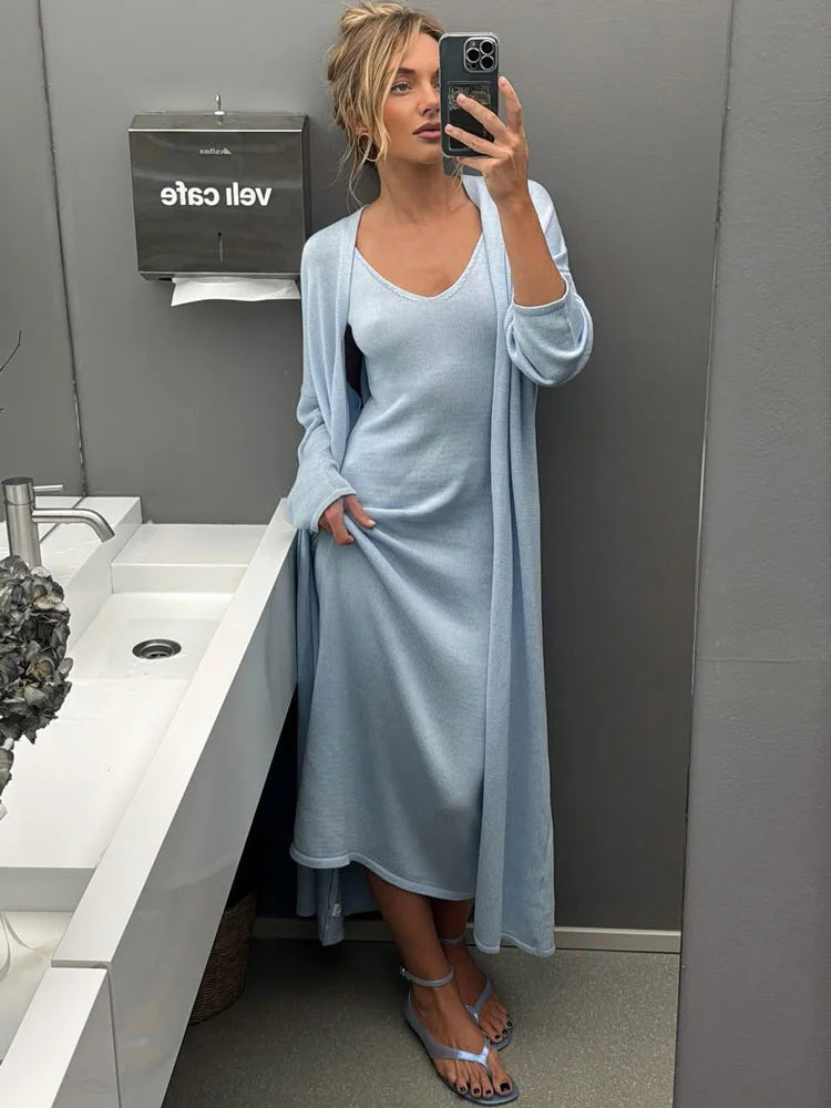 V-Neck Ribbed Knit Maxi Dress Set
