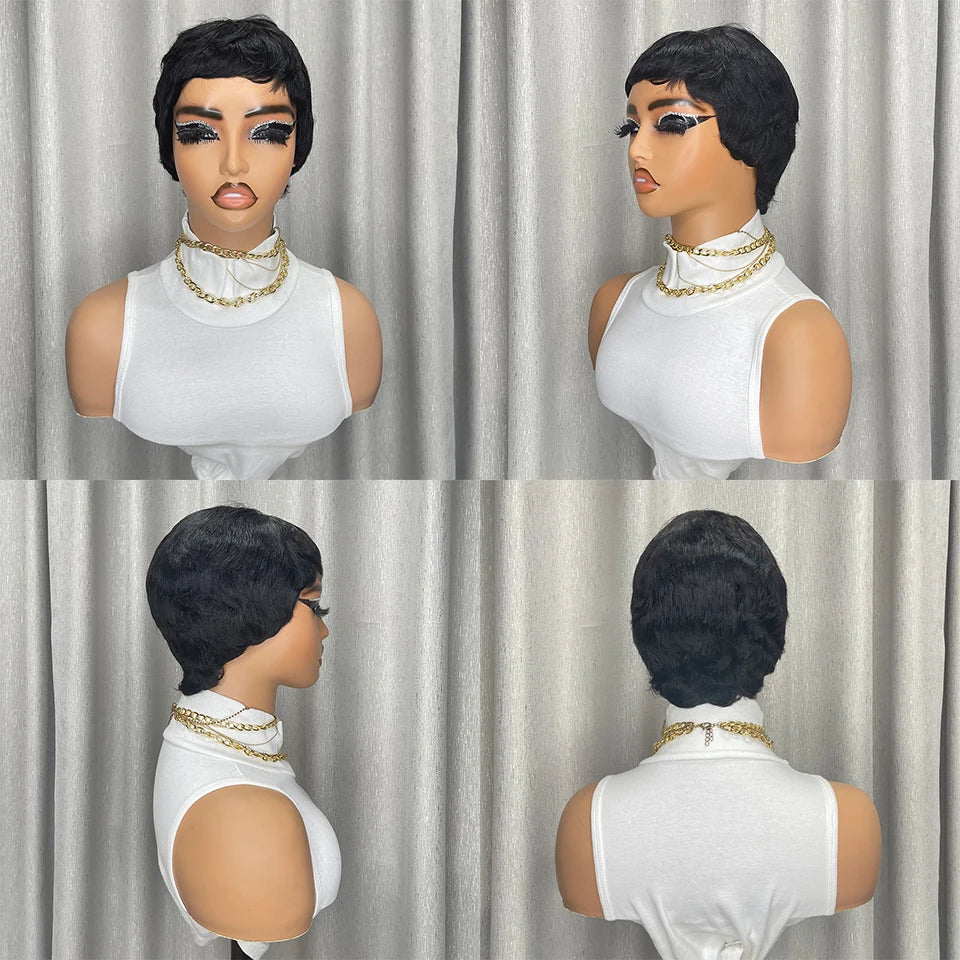 Short Black Pixie Cut Human Hair Wig With Bangs for Women