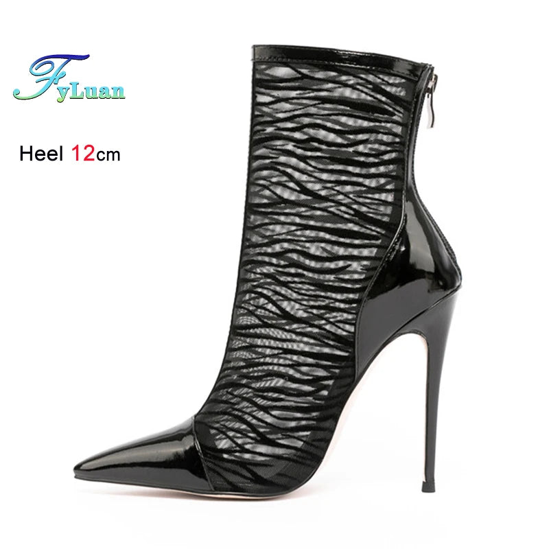 Elegant Black Mesh Stiletto Ankle Boots With Pointy Toe Rear Zipper For Women