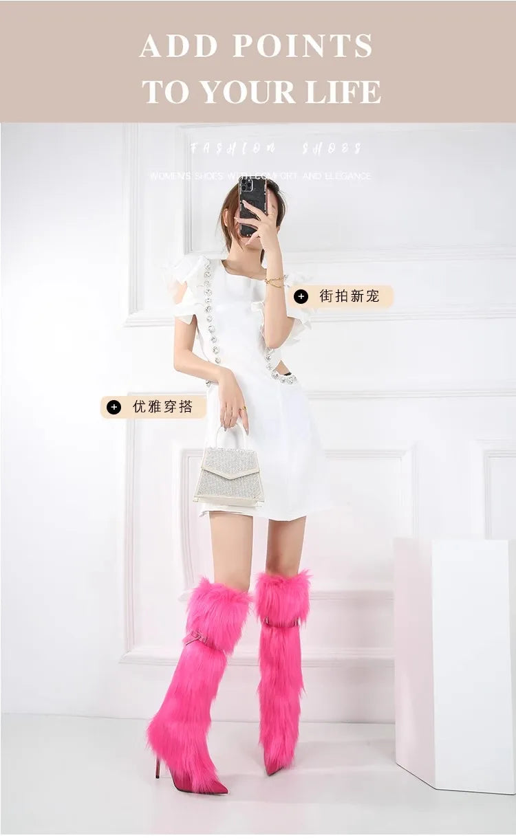 Elegant Faux Fur Knee High Stiletto Boots for Women
