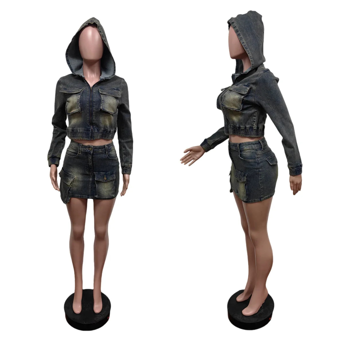 Retro Denim Patchwork Cargo Two Piece Set for Women