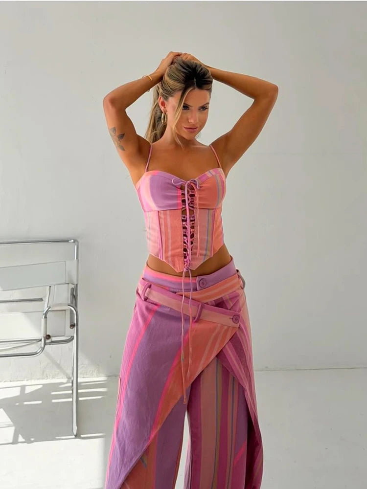 Striped Patchwork Vest and Asymmetric Trousers Set for Women
