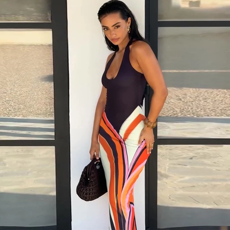 Color Block Sleeveless Backless Square Neck Maxi Dress For Women