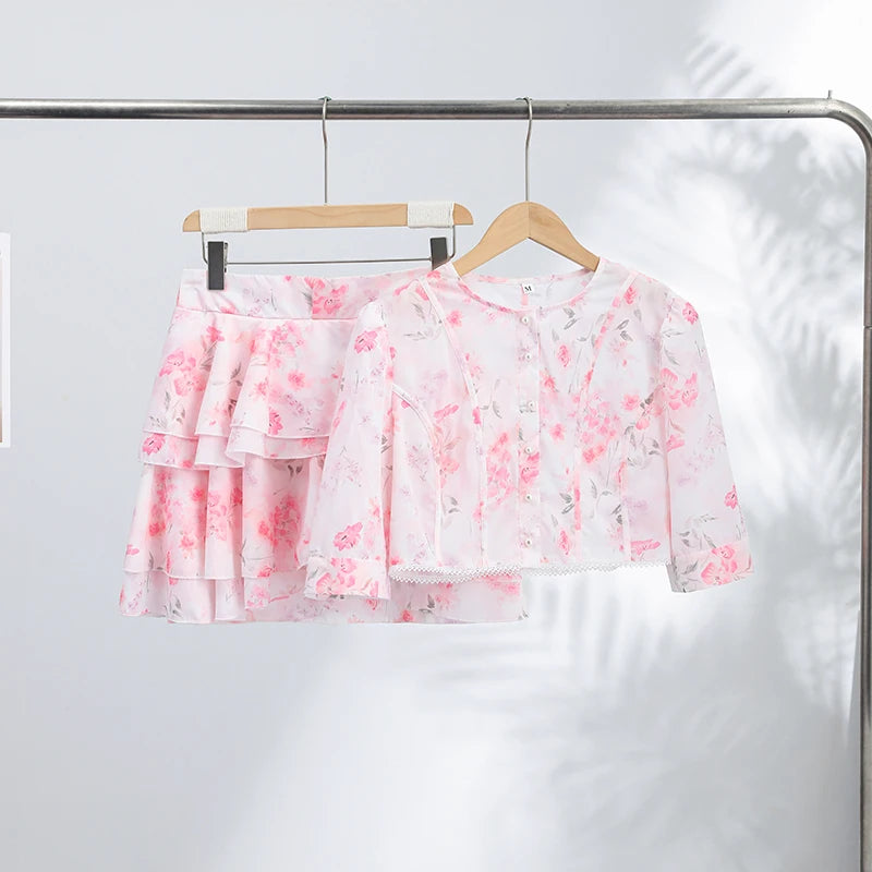 Floral Print Slim Top and Ruffle Skirt Set for Women
