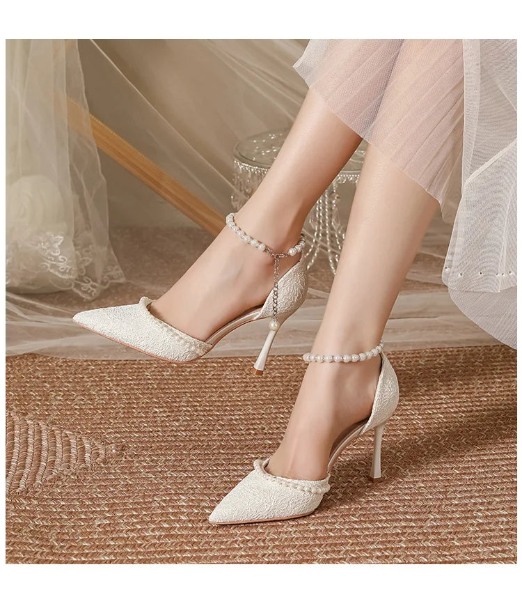 White Pearl Buckle Pointed Bridal Heels