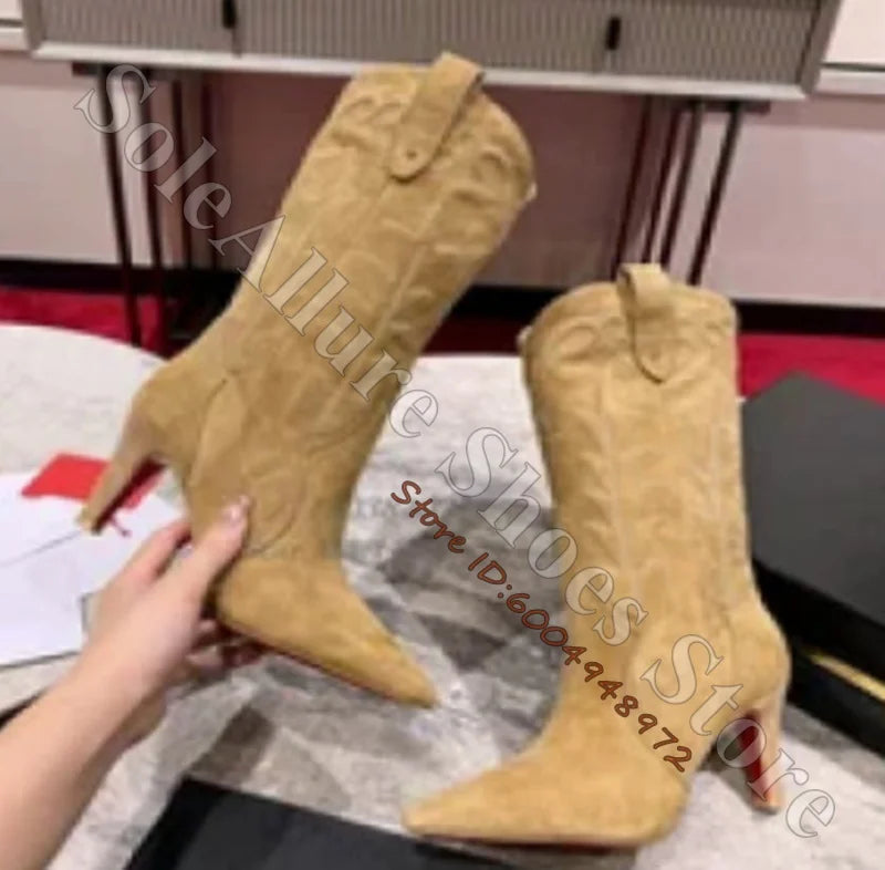 Black Embroidered Western Knee High Boots for Women