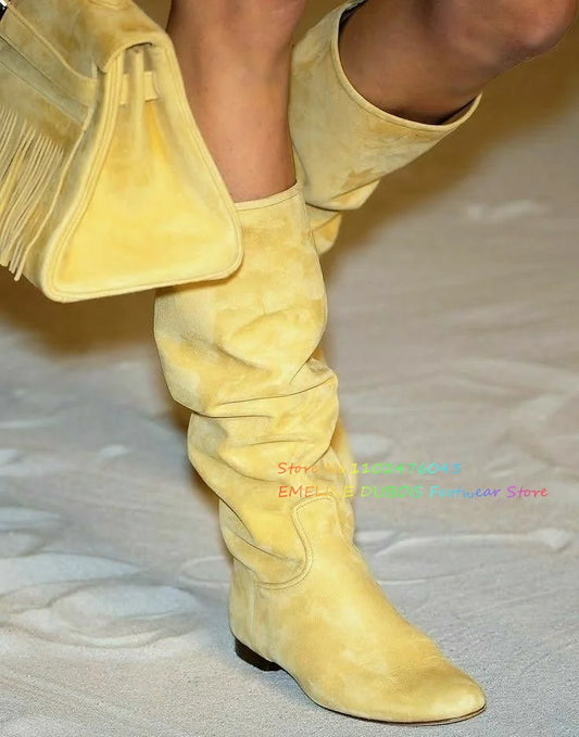 Light Yellow Flat Knee High Boot Women Round Toe Slip On Casual Sexy Fashion Show Long Boot Ladies Suede Comfort Newest Shoes