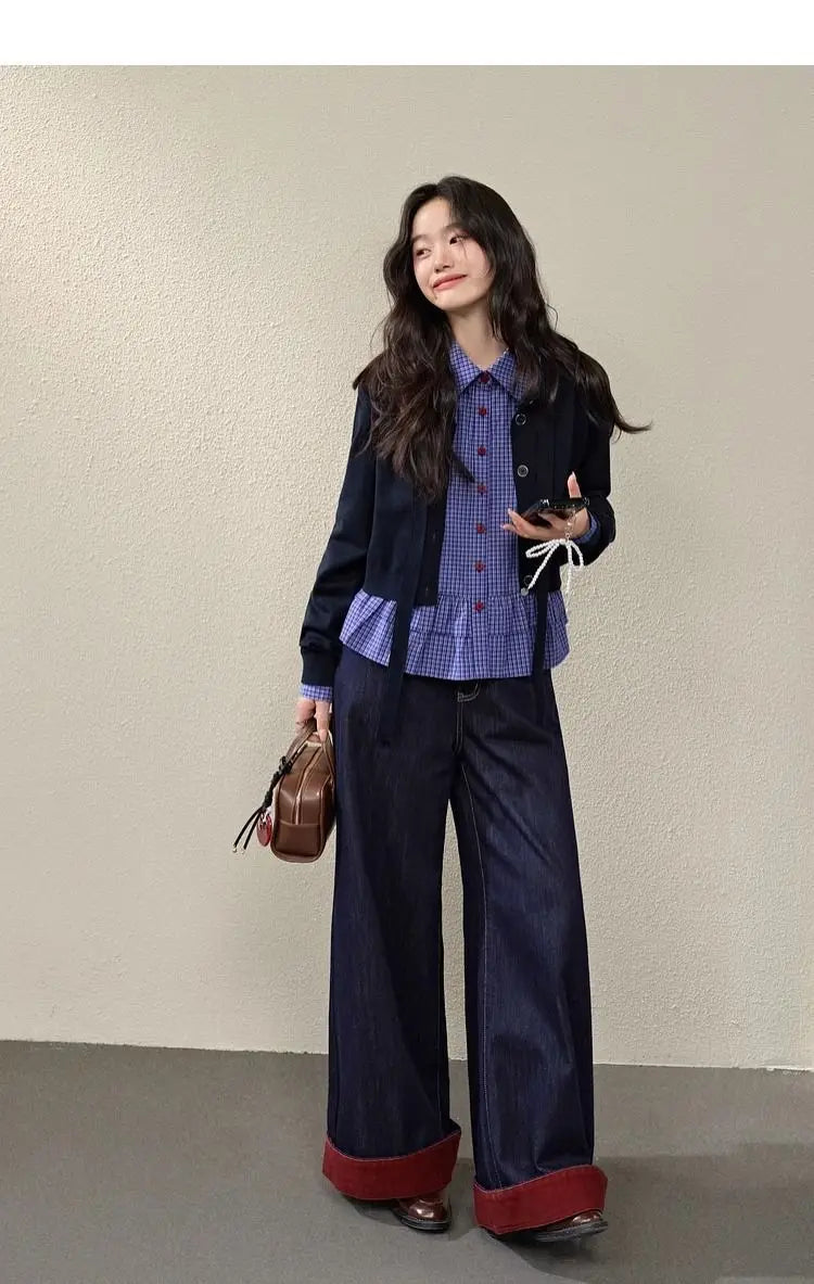 Blue Checkered Ruffle Trim Blouse With Turn Down Collar for Women