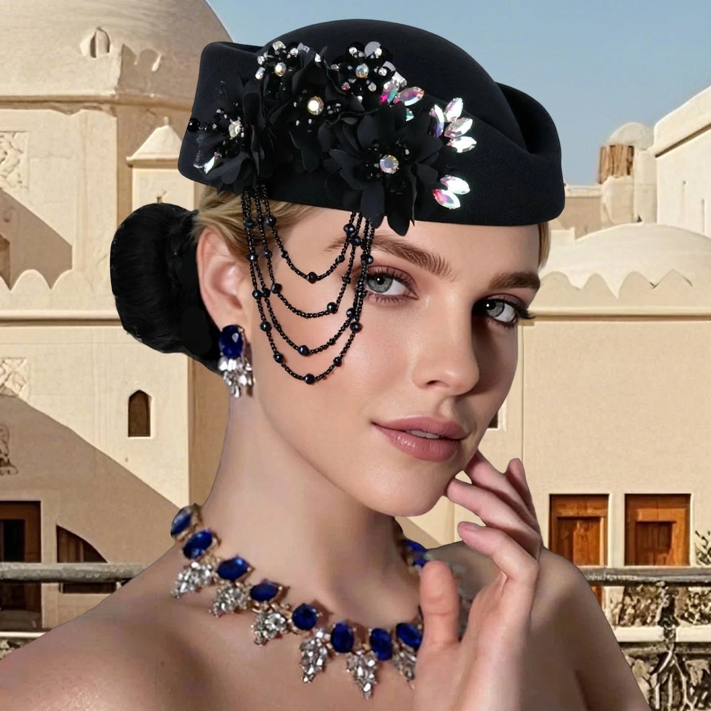 Retro British Beret With Floral Rhinestone Decor For Women