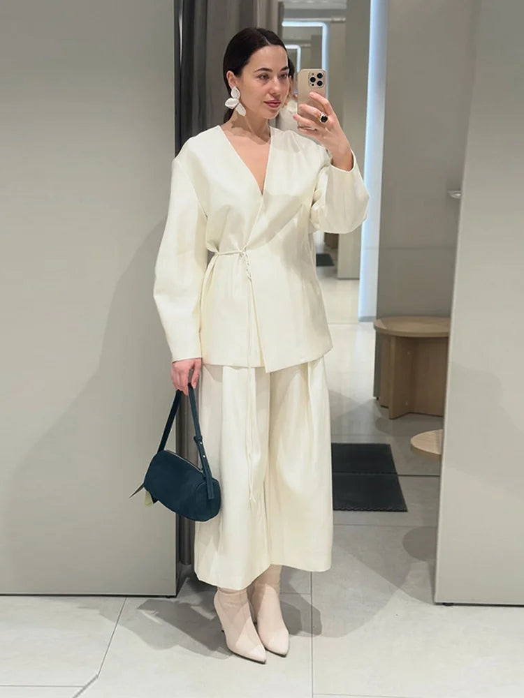 Lace Up Jacket and Wide Leg Pants Suit Set for Women
