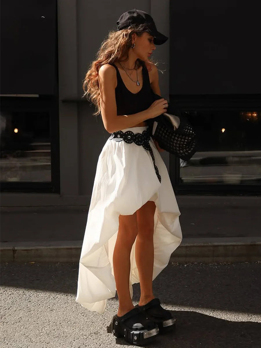 Cotton Ruched Asymmetric Midi Skirt