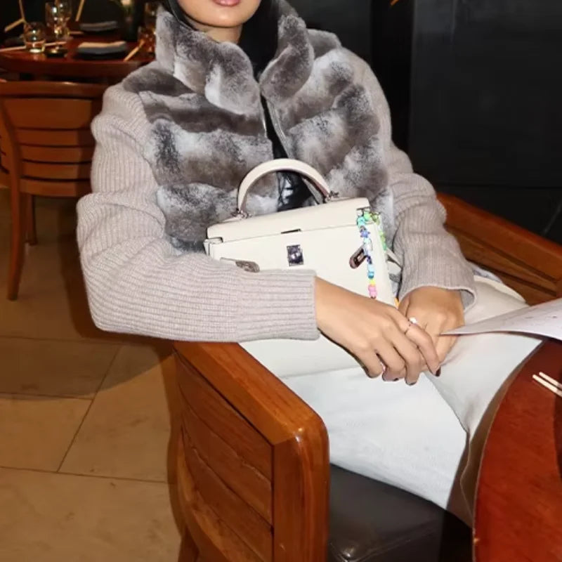 Faux Fur Patchwork Knit Coat With High Collar for Women