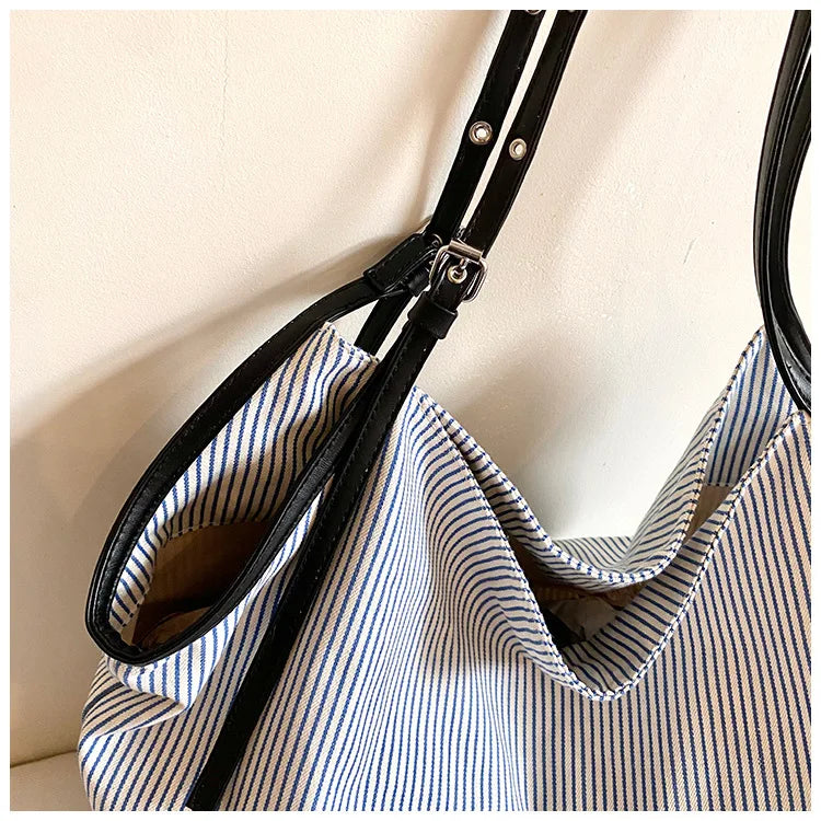 Casual Stripe Canvas Lightweight Shoulder Tote Bag for Women