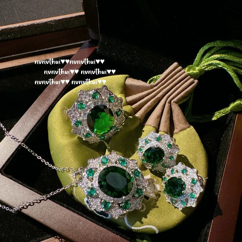 Oval Green Cubic Zirconia Sterling Silver Jewelry Set for Women