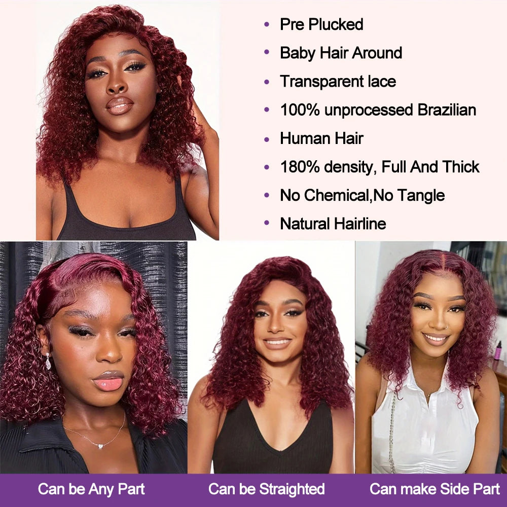 Burgundy 99J Deep Wave Bob Wigs Glueless Human Hair Short Kinky Curly Wig 13x6 Lace Front Wig For Women 13x4 HD Lace Front Wigs