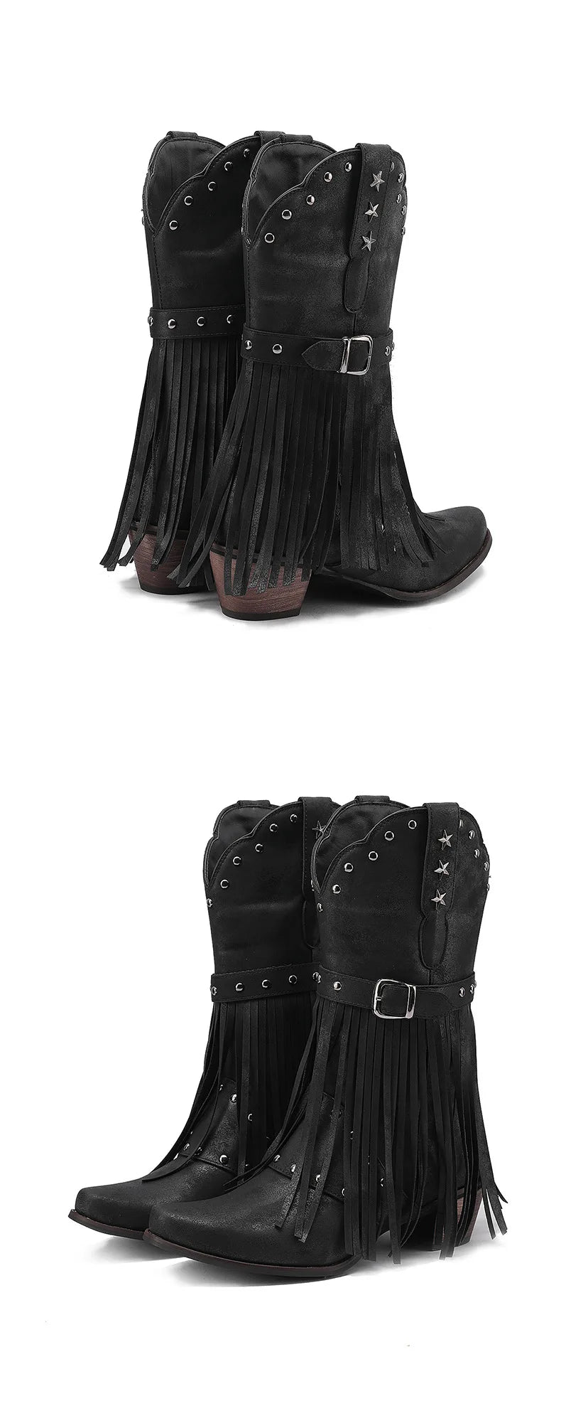 Western Fringed Riveted Block Heel Knee Boots for Women