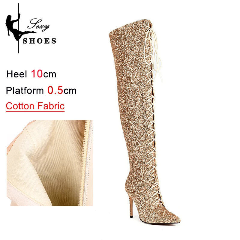 Shiny Sequined Over The Knee High Heel Boots for Women