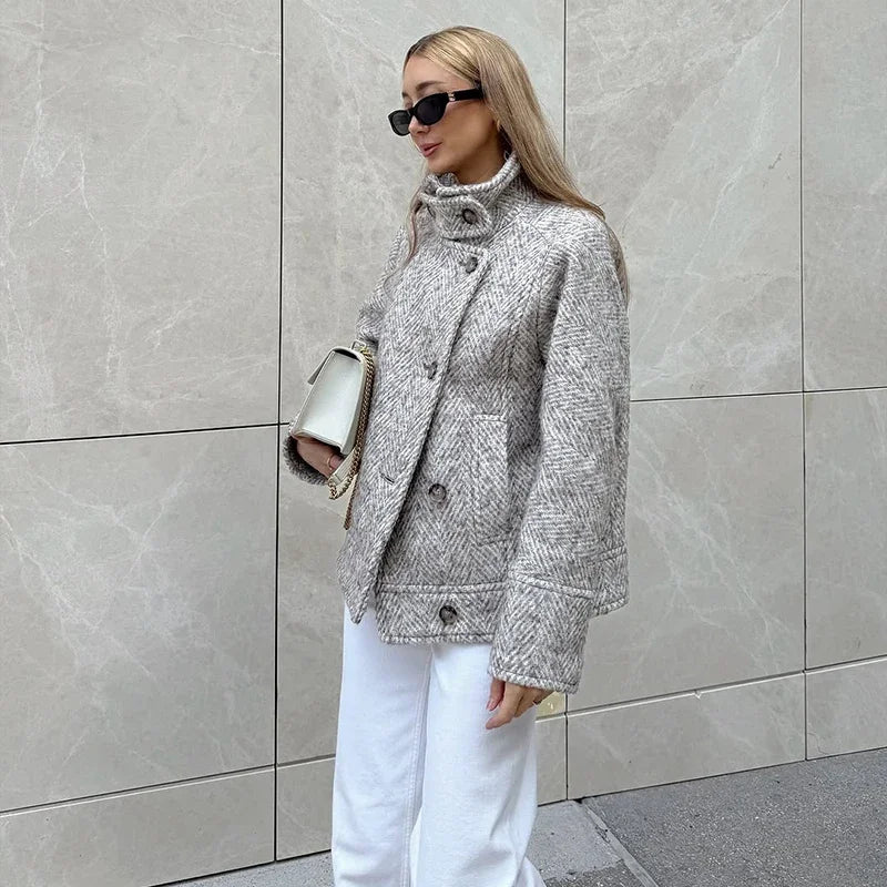 Elegant Print Stand Collar Tailored Long Coat for Women