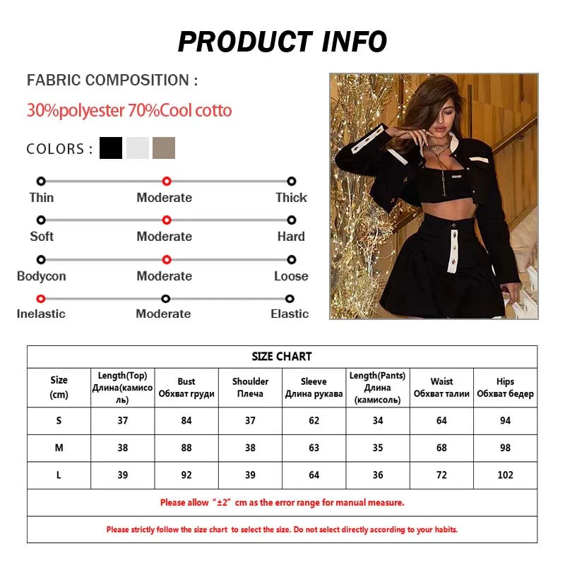 Oymimi Fashion Black Patchwork Two Piece Set For Women Casual Long Sleeve Button Pockets Crop Shirts + High Waist Mini Skirt Set