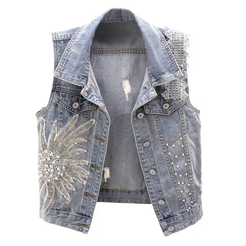 Fashion Lace Beaded Denim Vest Women Cardigan 2025 New Spring Sleeveless Jacket Fashion Loose Vintage Jeans Waistcoat Tide R359