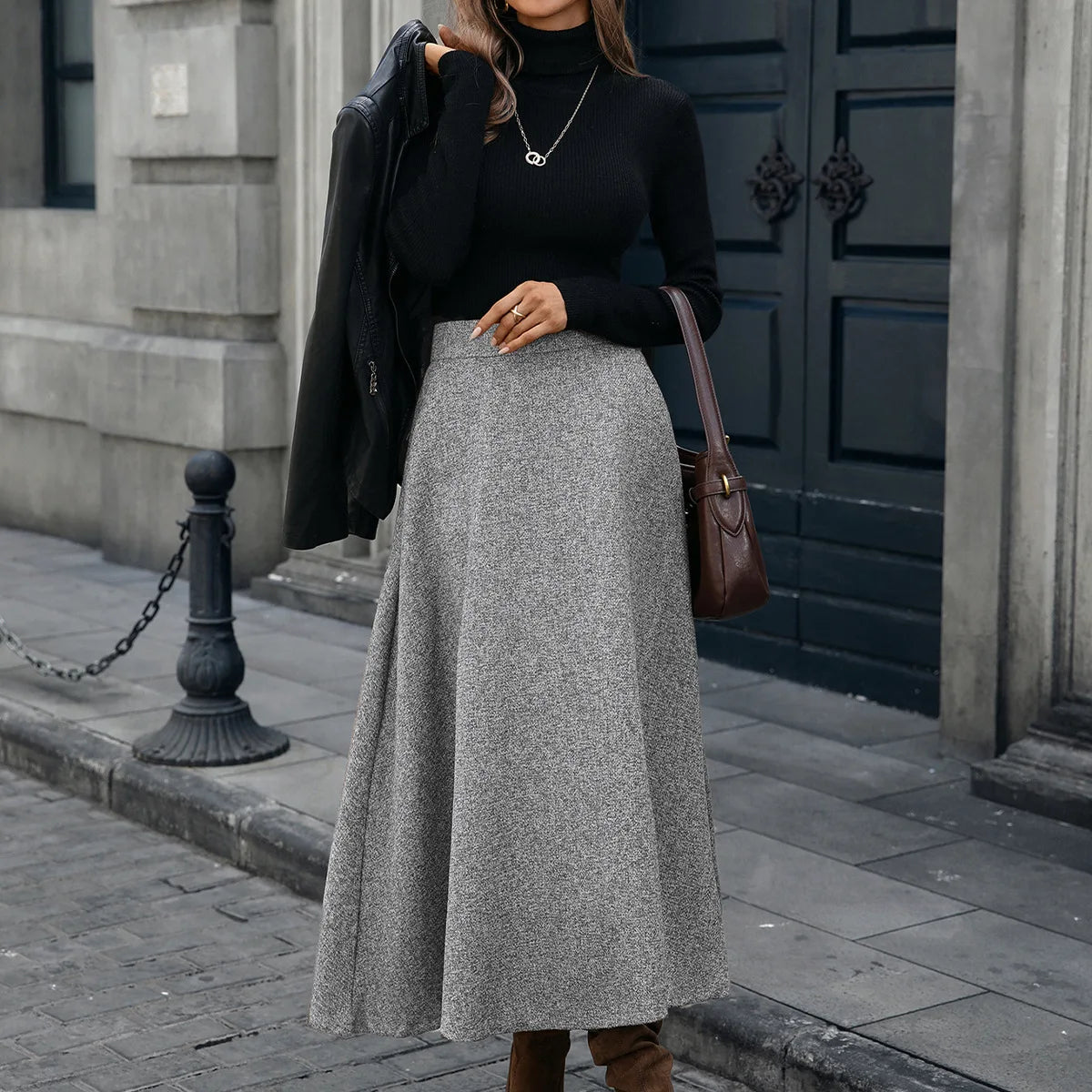 Tweed Ankle-Length A-Line Skirt with Elastic Waist for Women