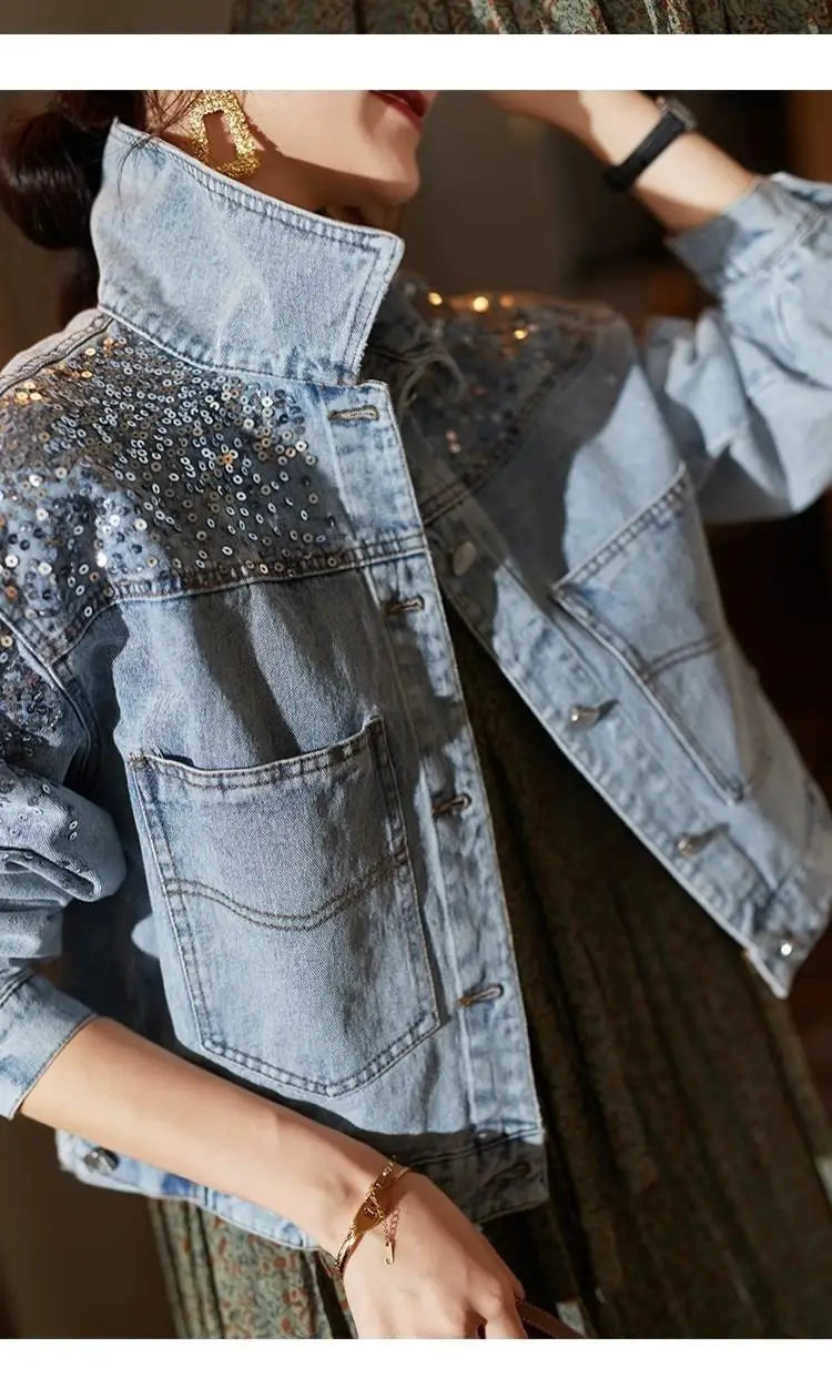 Sequin Embellished Short Denim Jacket for Women with Pockets