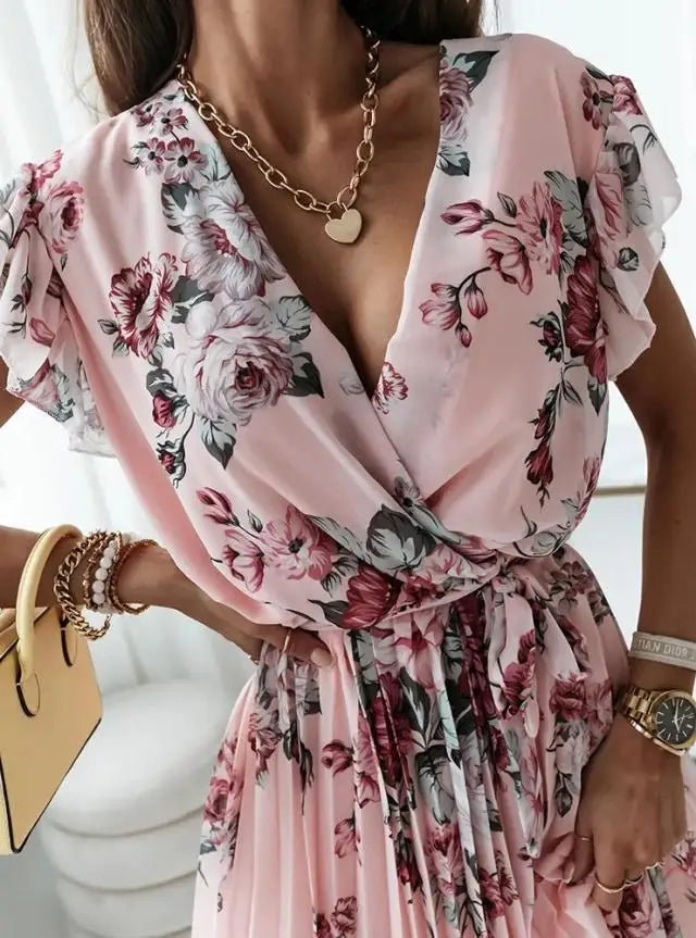 Floral Print Pleated Short Sleeve Ruffle Mini Dress for Women