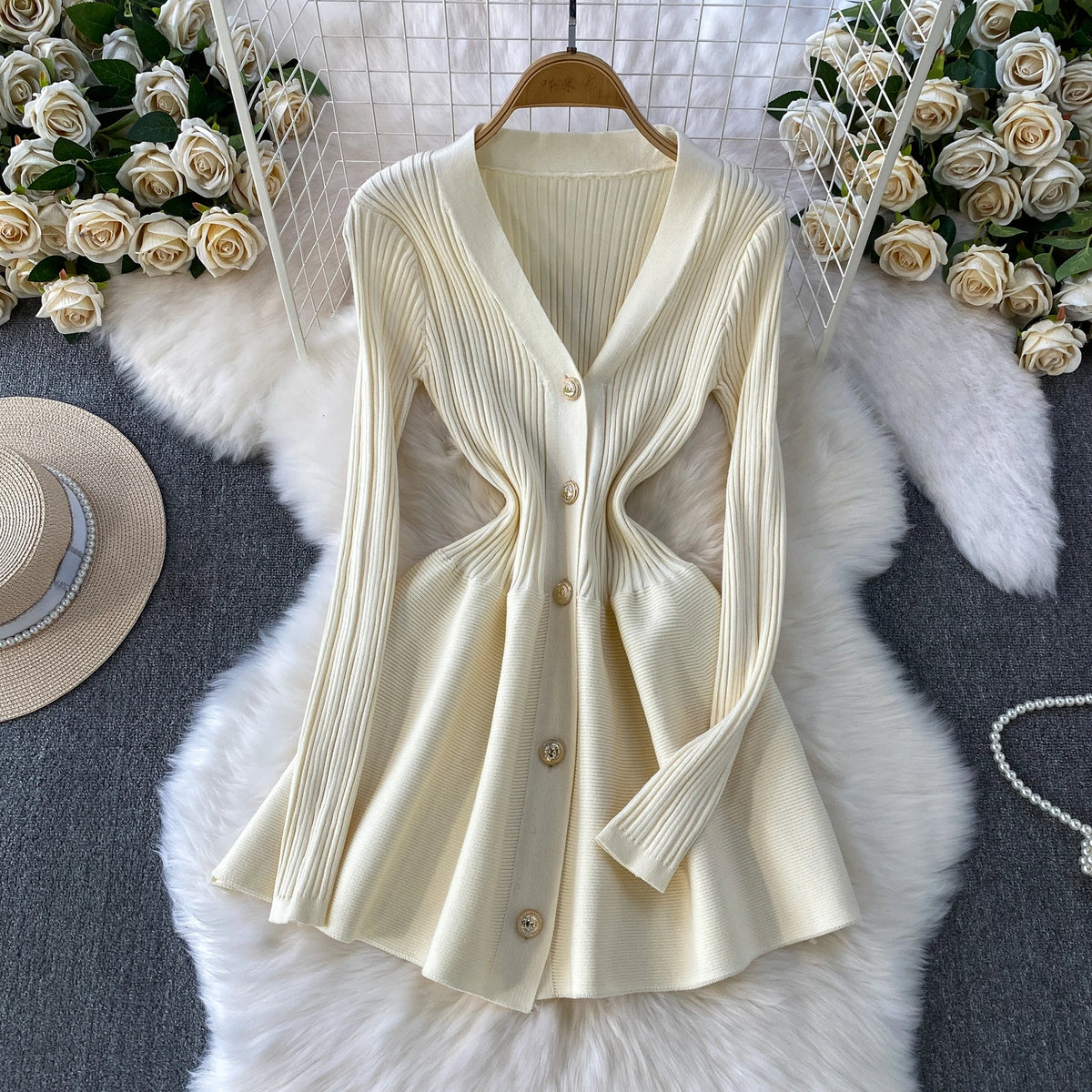 V Neck Knit A Line Long Sleeve Mini Dress for Women