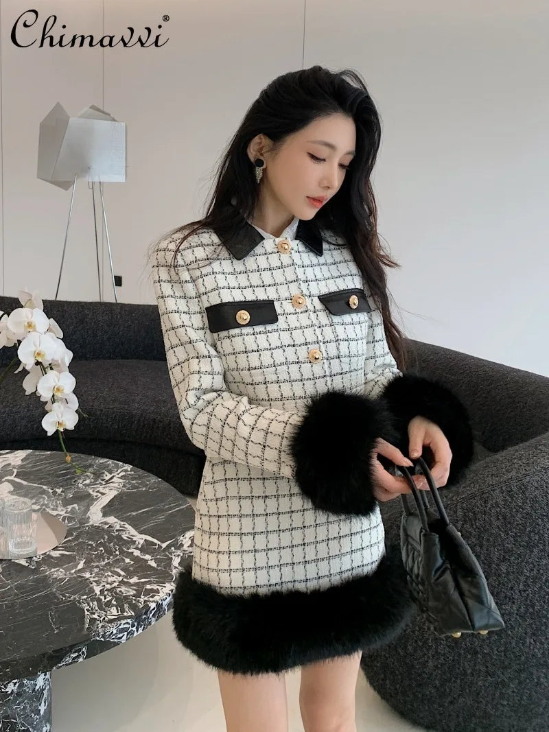 High-end French Fashion White Plaid Tweed Coat High Waist Short Skirt Long Sleeve Dress 2025 Autumn Winter Women's Clothing