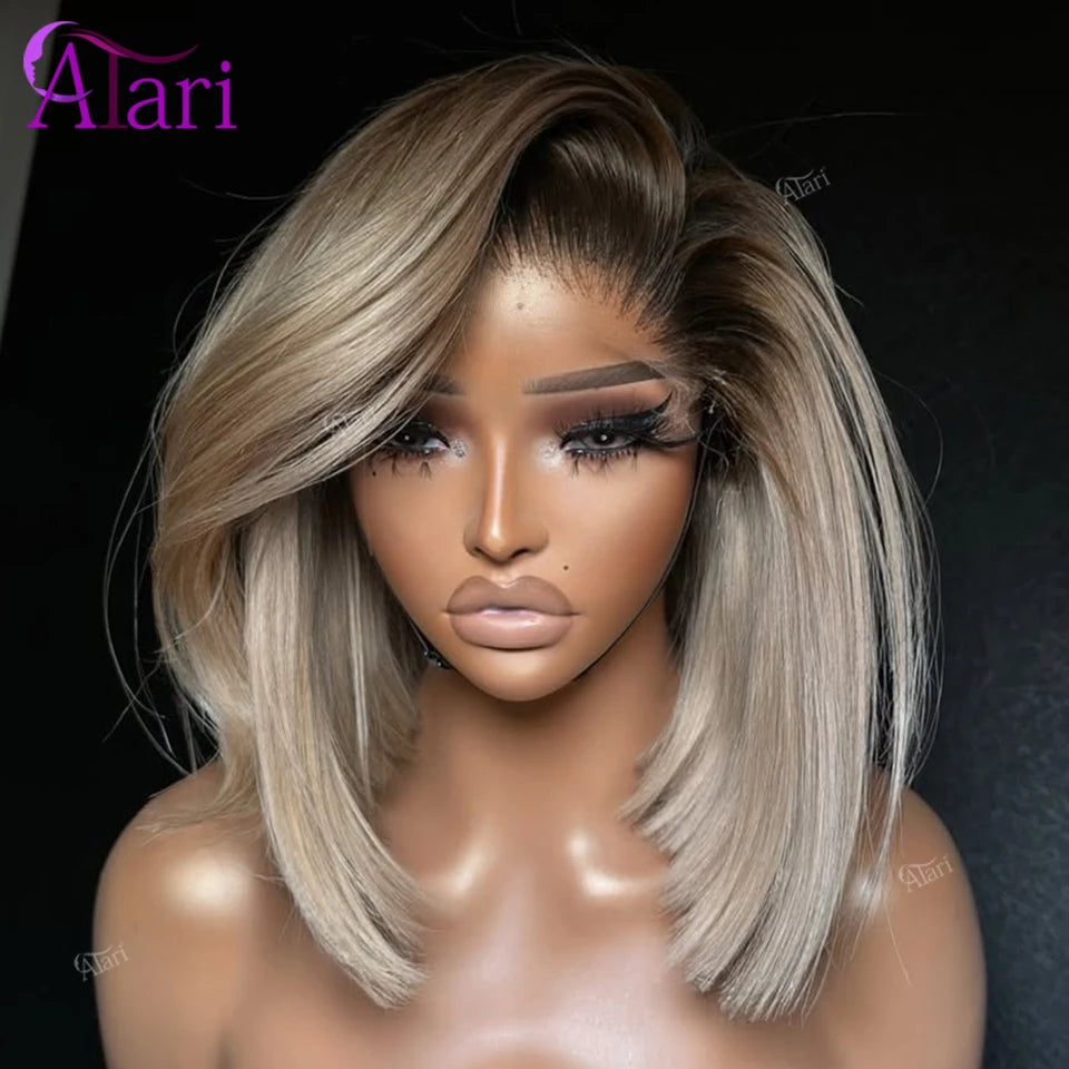 Full Lace Straight Bob Wig With Brown Roots For Women