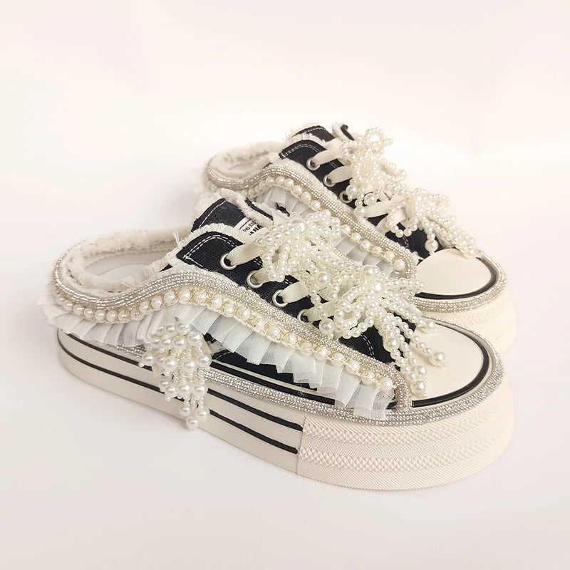 Shiny Sequined Pearl Stud Canvas Slippers for Women