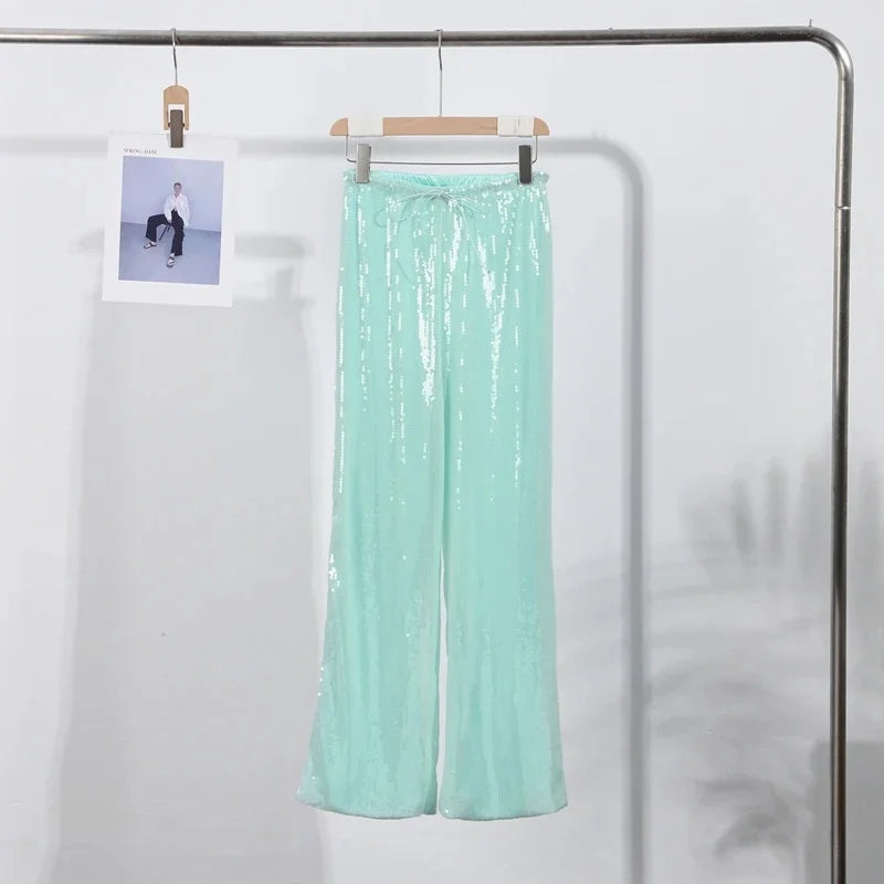 Casual Sequin Pants Women Loose Elastic Waist Wide Legs Trousers Female 2025 Spring Summer Fashion Chic Solid Streetwears Lady