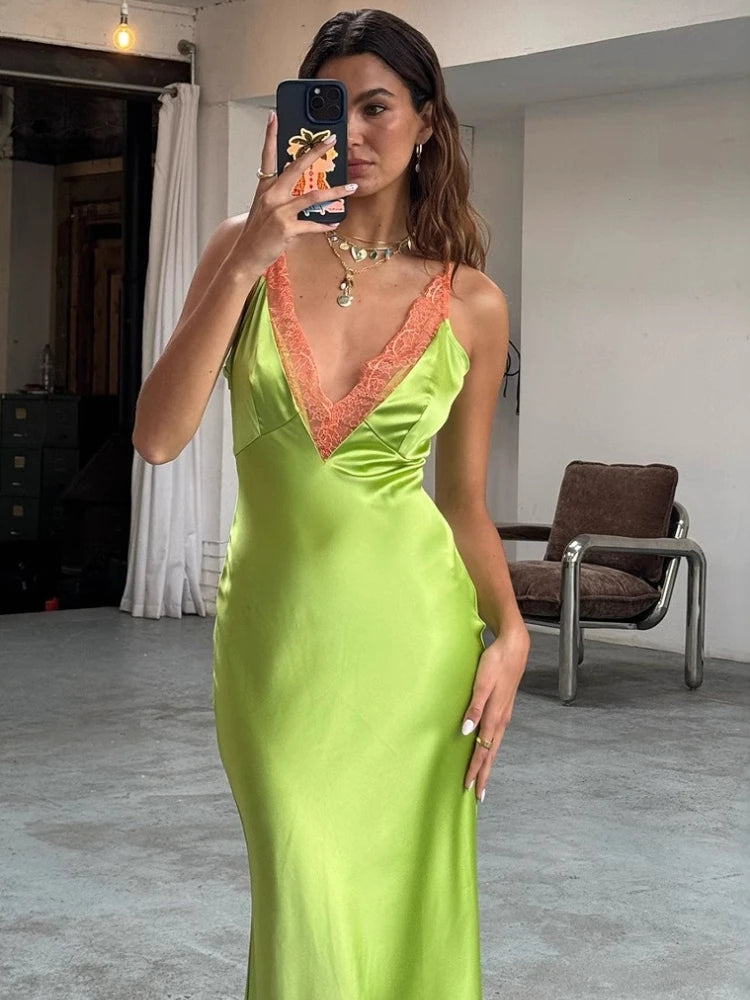 Lace Trim V-Neck Sleeveless Ankle Length Maxi Dress for Women