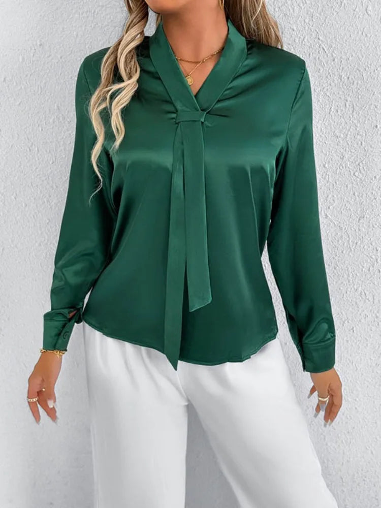 Bonboho 2026 New Women's Solid Color Silky Shirt V-neck Long Sleeves Elegant Blouse for Female Elegant Pullover Work Shirts