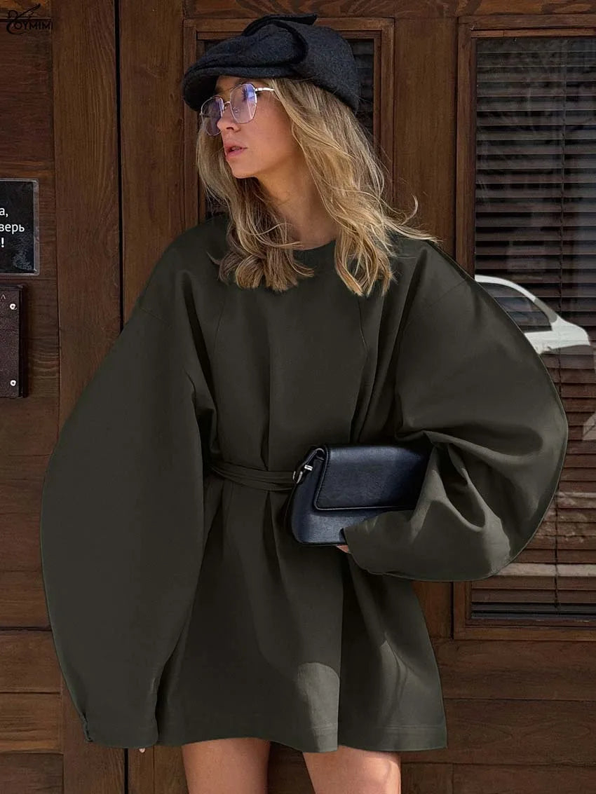 Oymimi Fashion Olive Drab Cotton Womens Dresses Casual Loose O-Neck Long Sleeve Dresses Elegant Lace-Up Mini Dress Streetwear