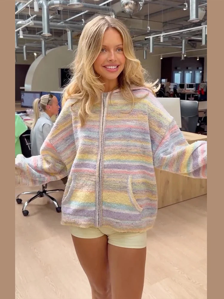 Colorful Rainbow Stripe Hooded Knit Cardigan for Women