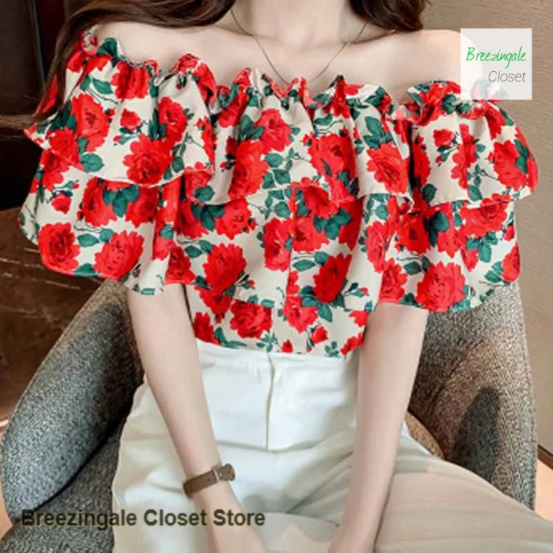 Casual French Style Floral One Shoulder Shirt For Women