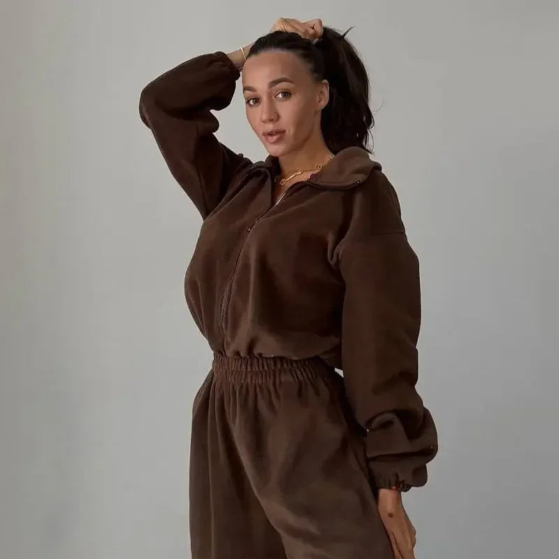 Casual Brown Stand Collar Long Sleeve Jumpsuit for Women