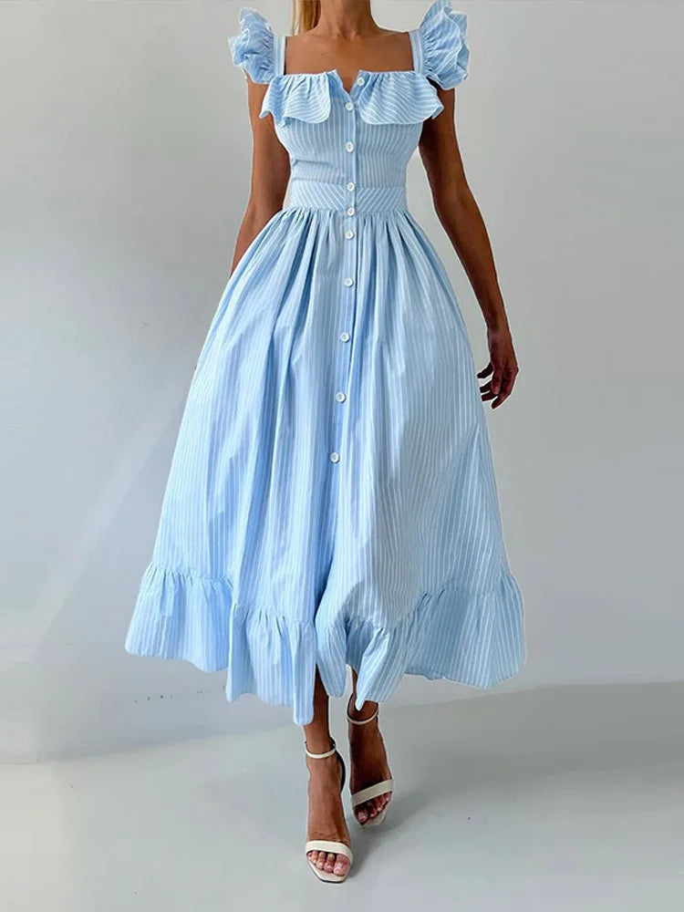 Solid Striped Fly Sleeve Women 's Dress Solid V-neck Single Breasted Draped Front Split Dressess Female Summer Lady Party Robes