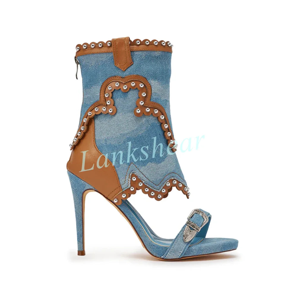 Retro Denim Western Ankle Boots with Ornate Buckle for Women