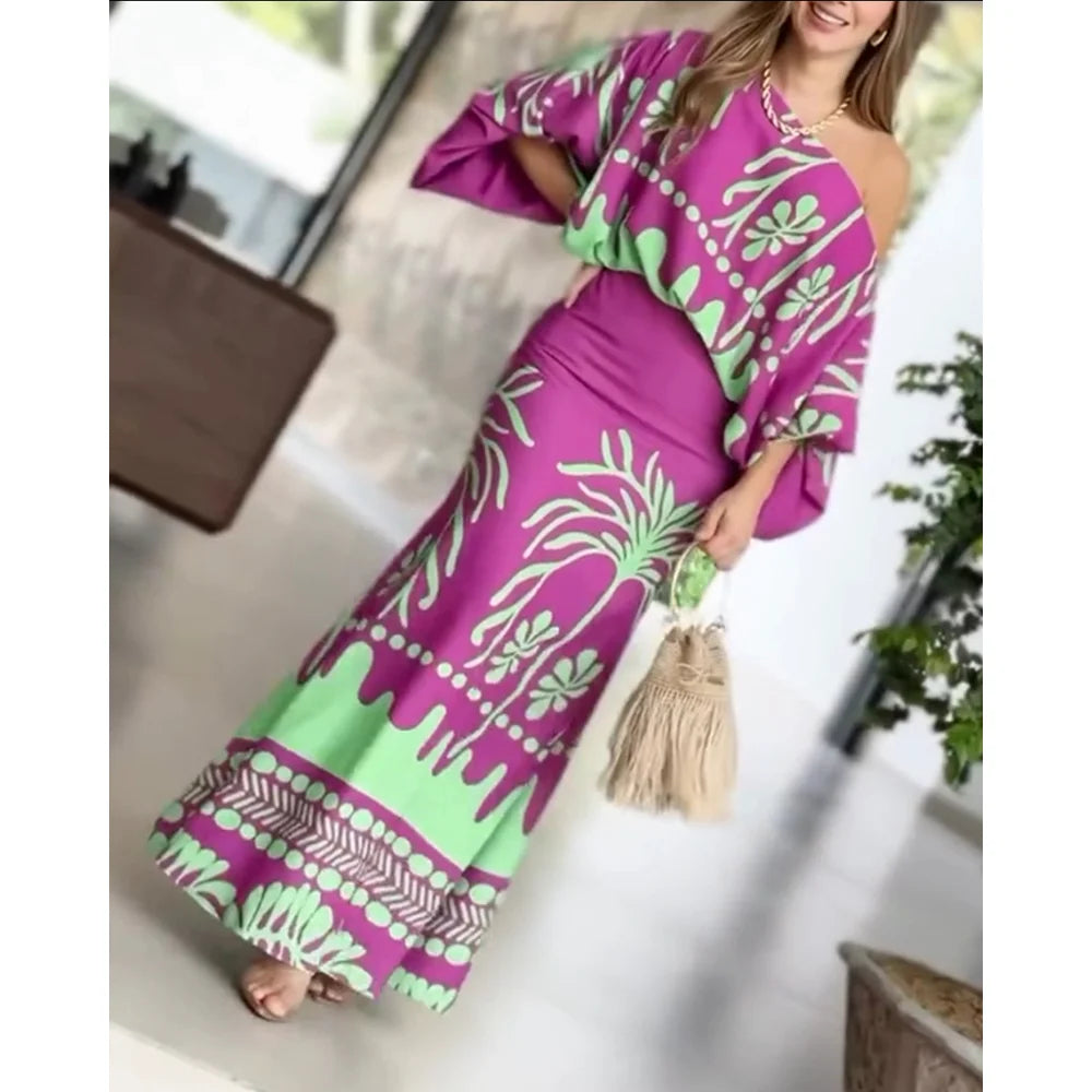 Women's 2 Pieces Outfit Tropical Print Lantern Sleeve Cold Shoulder Loose Top and Casual High Waist Fishtail Maxi Skirt Set