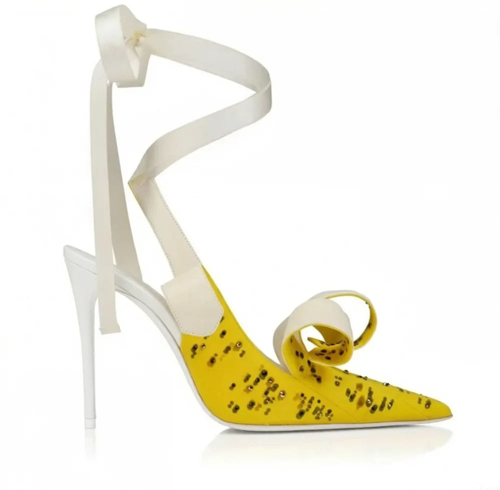 Yellow Satin Bow Pointed Toe Pumps